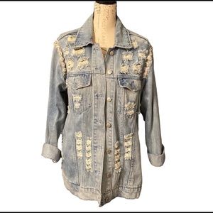 Aqua Denim Jacket Small.  Runs big.. Very cool and chic. Pearls and Rhinestones